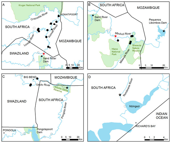 Detailed view of the four main study areas, with the 46 sampling sites surveyed in this study.