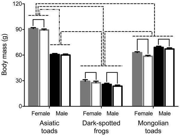 Effects of the phytohemagglutinin (PHA) assay, sex and taxa on body mass in the three anuran species studied: Asiatic toads, Dark-spotted frogs and Mongolian toads.