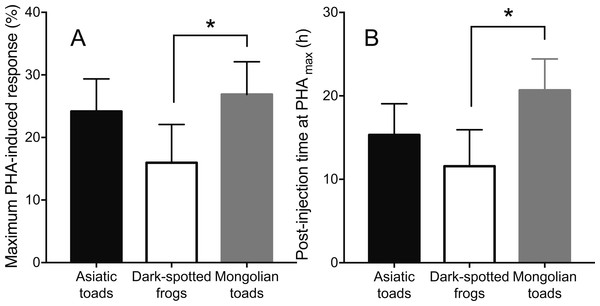 Mean values ±95% C.I. of (A) maximum phytohemagglutinin-induced skin swelling response (PHAmax) and (B) the times of peak of Asiatic toads, Dark-spotted frogs and Mongolian toads.