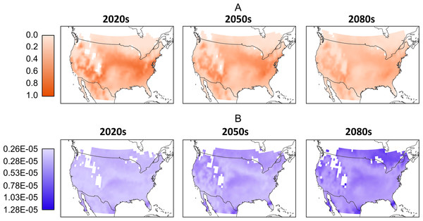 (A) Mean normalized population distribution across North America per-timeframe. Normalization occurs across the entire data set and mean is across all models and RCPs. (B) Corresponding per-timeframe coefficient of variation across all models and RCPs.