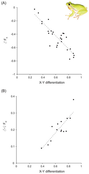 X–Y differentiation versus male Fis (♂Fis) and Fst between sexes (♂–♀Fst) at sex-linked loci in Hyla arborea.