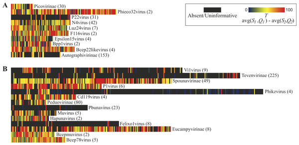 Taxonomic signal threshold value T for each gene within phage type species of taxonomic groups belonging to the family Podoviridae and Myoviridae.