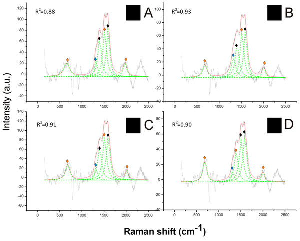 Examples of Raman spectra of black hair in Bombus and peak identification after having applied the reference deconvolution method.