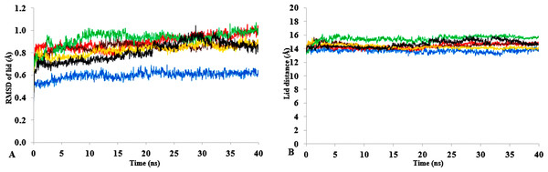 (A) lid domain rmsd calculated from the Cα atoms of residue Asp175-Arg230 in all solvents. (B) Distance of the lid measured between Cα Res Asp175 and Cα Res Arg230 with appreciable increase in distance of lid opening among all solvents.