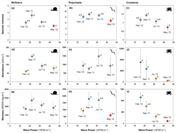 Variation in the mean number of species, abundance, and biomass of molluscs (A, D and G), polychaetes (B, E and H), and crustaceans (C, F and I) at four sampling events associated with significant variation in wave energy preceding each event.