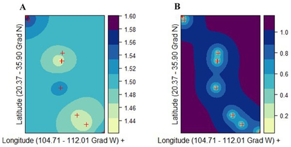 Ordinary kriging analysis of the spatial genetic distribution of genetic diversity v2 in Picea chihuahuana based on 14 populations studied (marked with red crosses); (A) Kriging prediction (correlation between the observed and predicted values equals 0.84), v2 values shown on the right-hand side, and (B) Kriging standard error, error values shown on the right-hand side.