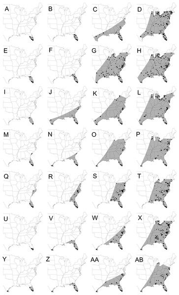 Maps showing the spatial spread of the epidemic wave-front of cucurbit downy mildew in the eastern United States.