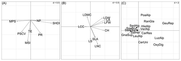 Ordination diagrams of the first two axes of the RLQ-analysis displaying the (A) landscape metrics scores, (B) plant trait scores, (C) species scores.