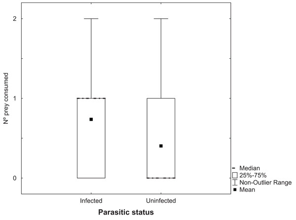 Predation of adult Artemia according to parasitic status.