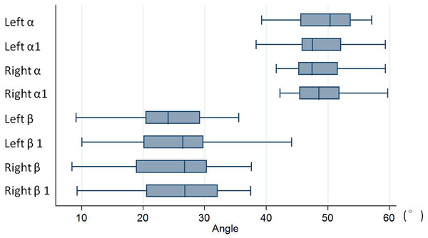 Box and whisker plot of the angle data.