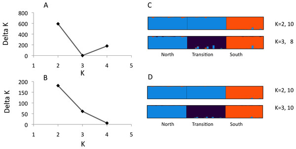 Structure analysis of microsatellite data for three parapatric populations (North N = 20, Transition N = 20, South N = 19)