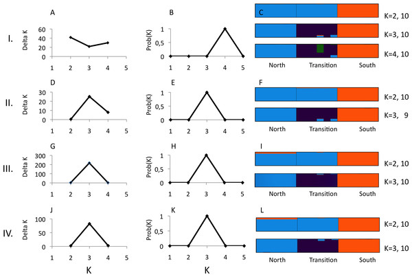 Structure analysis of GBS data for three parapatric populations (North N = 6, Transition N = 6, South N = 6) relative to combinations of pyRAD parameters “minimum coverage of individuals” (mincov) and “maximum number of individuals with heterozygotic sites” (maxSH).