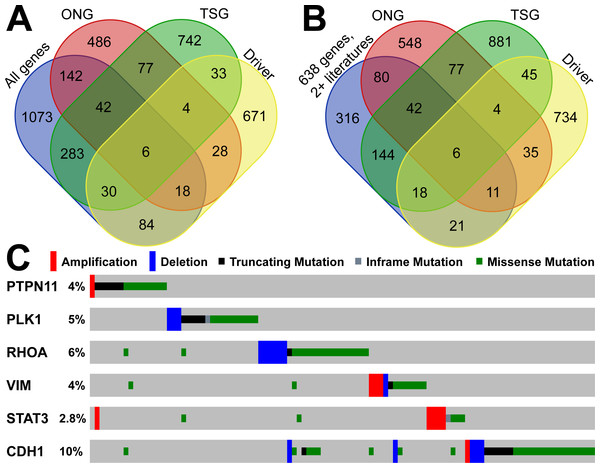 Overlapping analysis of GC-implicated genes, tumor suppressors, oncogenes and predicted driver genes.