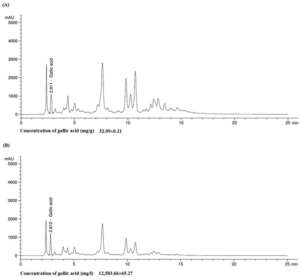 Chromatogram of gallic acid in both Qi extract (A) and QiF10 (B).