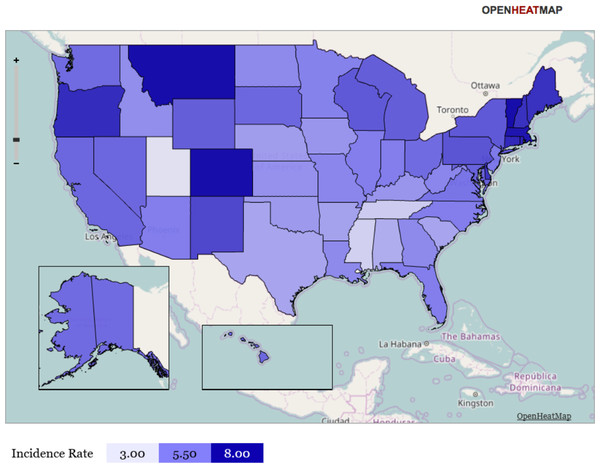 Heat map representation of state-specific incidence rates.