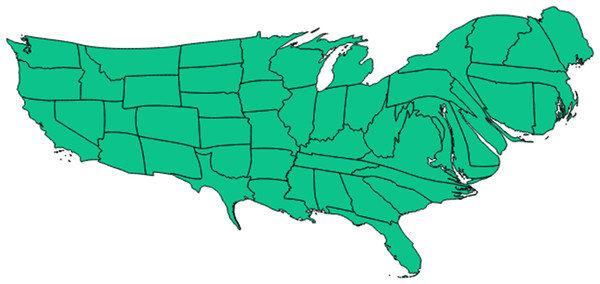Cartogram representation of state-specific incidence rates.
