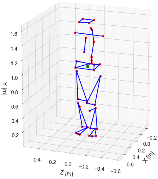 Average three-dimensional positions of the 42 markers (in red) and center of gravity (in green) during standing.