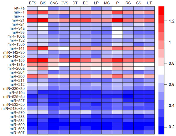 Heatmap of mean synergy scores of miRNAs with skewness values of <0.3 in 12 human organs.