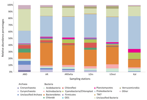 Bar chart showing the abundances of the main microbial taxa, at the phylum level, at the sampling stations.