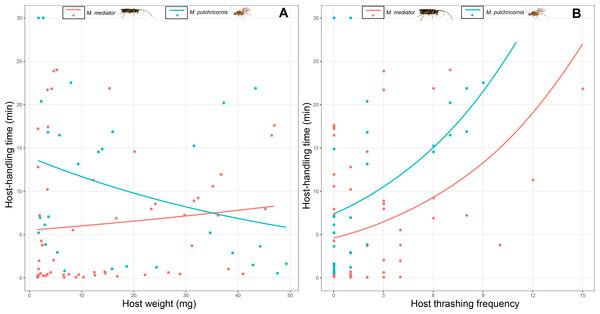 Host-handling time as a function of Mythimna separata larval body weight (A) and thrashing frequency (B) for Microplitis mediator and Meteorus pulchricornis.