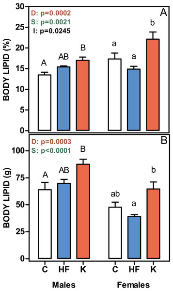 Body lipid content, expressed as a percentage of body weight, and in absolute values.