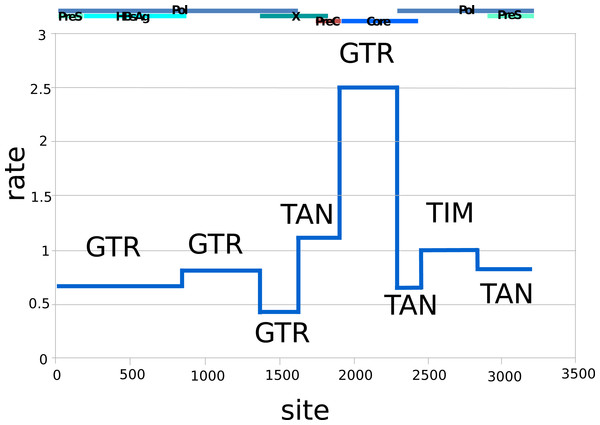 Relative rates (y-axis) and partitions among the HBV nucleotide site (x-axis), labelled with dominant substitution models for the partition following reversible-jump-based substitution model analysis.