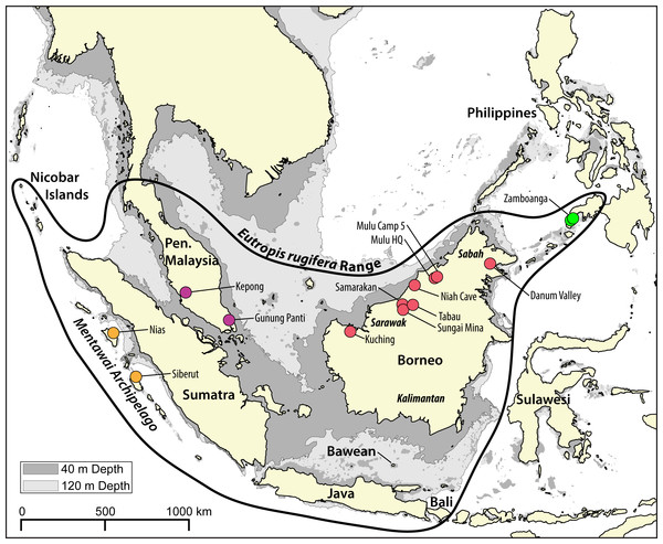 Map of the Sunda Shelf with 40 m and 120 m bathymetric contours.