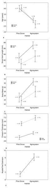 Differences in male and female toad morphology between habitats. Despite longer lifespan of pine grove toads (A) snout-vent length (B) body mass (C) forearm thickness (D) and nuptial pad extension (E) were greater in agroecosystem.