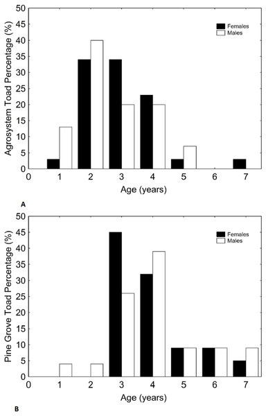 Histograms showing the distributions of percentages of male and female toad age in agrosystem (A) and pine grove (B).