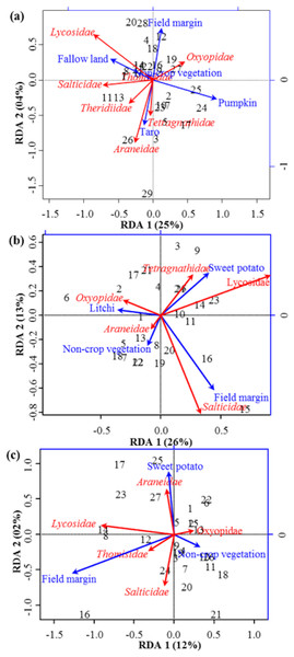 RDA Triplot (RDA on a covariance matrix) of the spatial correlation between Hellinger transformed diversity (H) of spider families and vegetation types surrounding the brassica field using PCNM as distance matrix (A) at Minqing, (B) at Nantong 1 and (C) at Nantong 2.