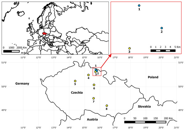 Map depicting the location of EFB outbreak in Czechia in August 2015 and control apiaries included in analyses.