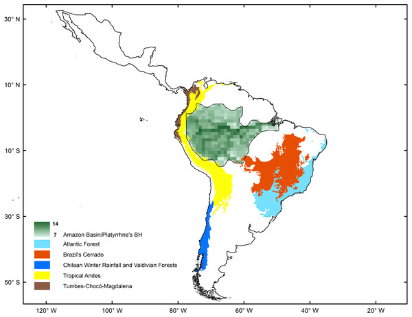 Comparison of biodiversity hotspots for New World monkeys determined by statistical analysis (green) and the Neotropical Biodiversity Hotspots proposed by Myers et al. (2000).