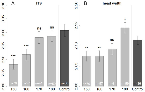 Morphometric measurements of ITS (inter tegula span; A) and head width (B).