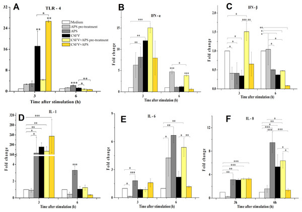 Relative mRNA expression of TLR4 (A), IFN-α (B), IFN-β (C), IL-1 (D), IL-6 (E) and IL-8 (F) in porcine ECs.