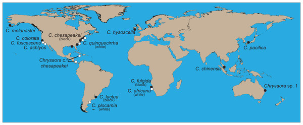 World map showing collecting sites of animals sequenced for this study.
