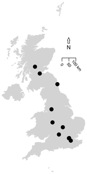 Map of the 12 UK studies (10 papers) included in the analysis.