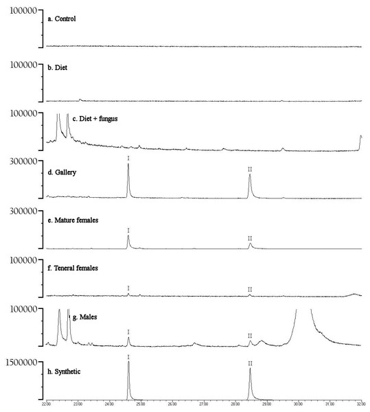 Representative gas chromatograms for volatiles collected from different treatments.