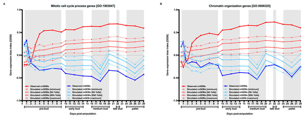 Temporal dynamics of the level and the heterogeneity in gene expression along axolotl forearm regenerative development for groups of genes defined by their functionality.