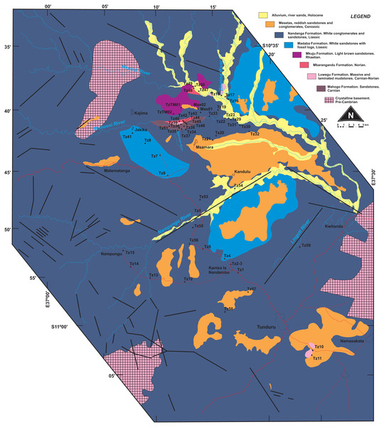 Surface geology map of the study area (part of Quarter Degree Sheets 301, 302, 313, 314 from the Geological Survey of Tanzania).