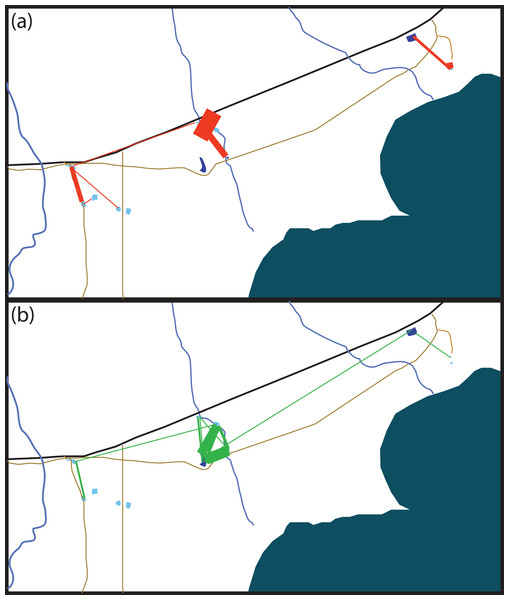 Schematic of movement by marked Xenopus laevis in (A) summer and (B) winter between water bodies.