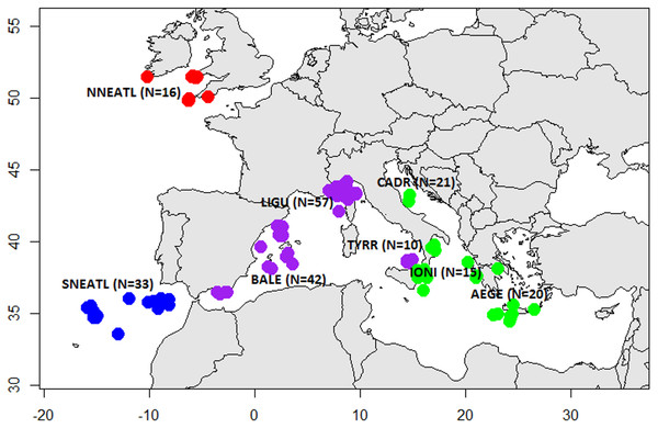 Sampling sites of Mediterranean and North Eastern Atlantic Blue Sharks.