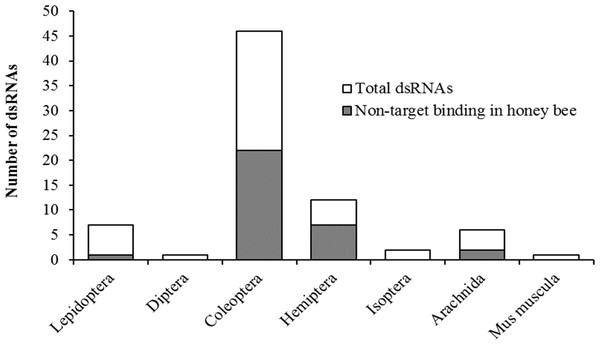 Pesticidal dsRNA target organisms and the likelihood of off-target binding in the honey bee genome.