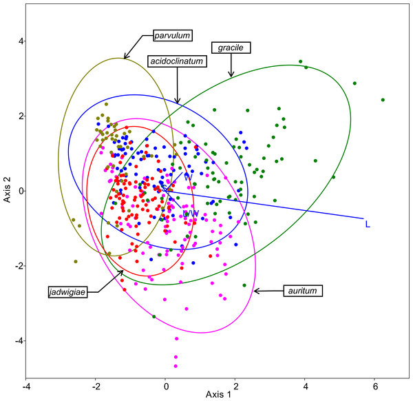 CVA ordination biplot, dots represent individuals and line predictor variables.