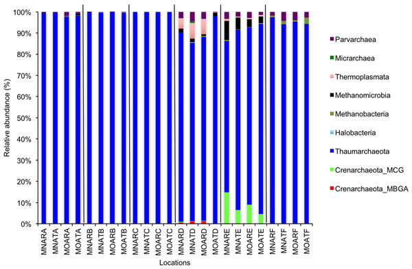 Relative abundance of OTUs for classes of archaeal communities.