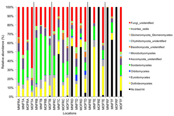 Relative abundance of OTUs of fungal communities (classes).