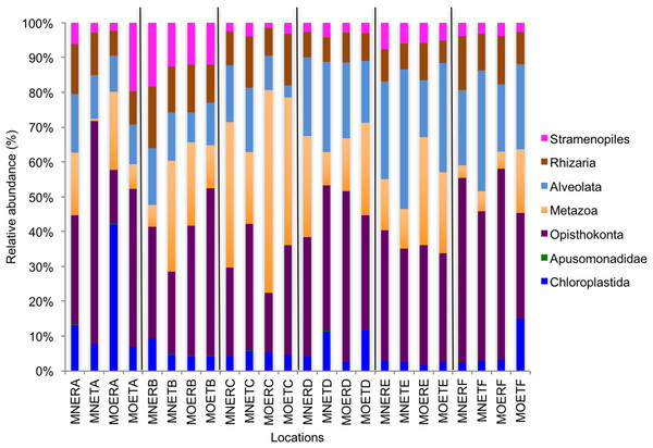 Relative abundance of OTUs among classes of eukaryotic communities.