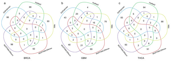 Venn diagrams of the top 100 genes in the results of DGPathinter (blue circle), HotNet2 (dark green circle) and NBS (light green circle), MUFFINN-DNmax (dark red circle) and MUFFINN-DNmax (violet circle) on (a) BRCA, (b) GBM and (c) THCA datasets.
