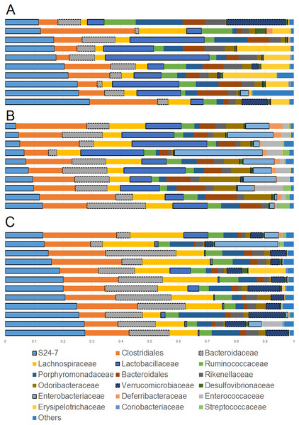Bar plots showing relative abundance (percentages, x axis) of the most abundant bacterial taxa at the family level.
