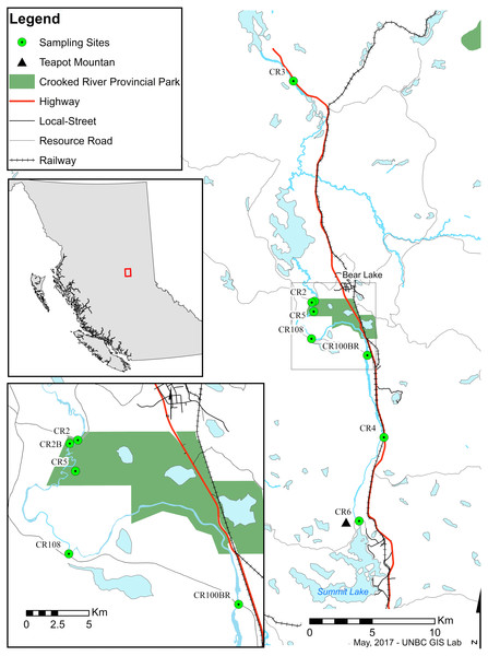 Map of sampling sites along the Crooked River, British Columbia.