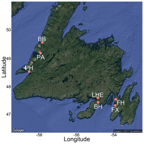 Map of 2015 and 2016 study sites across Newfoundland.